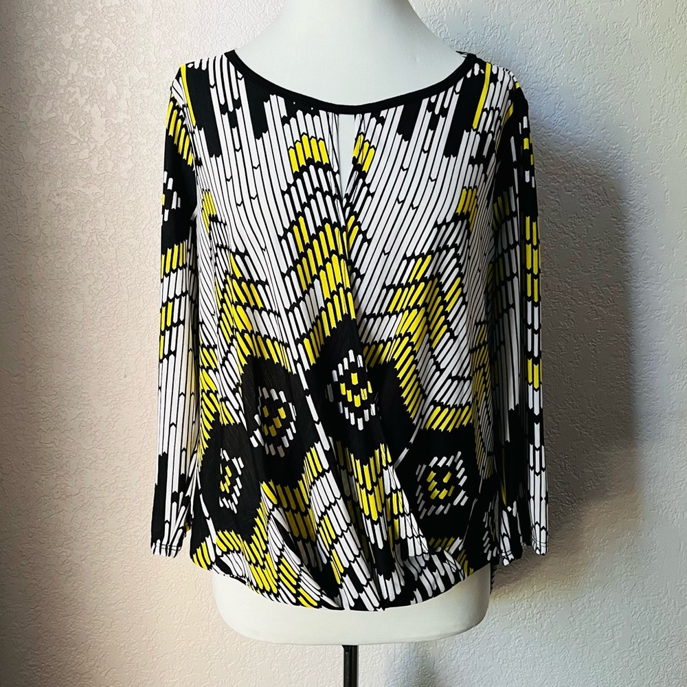 CHENAULT Black White Yellow Overlapped Long sleeve Abstract Casual Blouse Tops